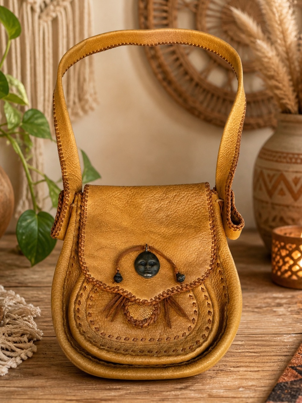 Vintage 70s Hippie Leather Bohemian Boho Gypsy Style Whip-Stitch Shoulder Bag